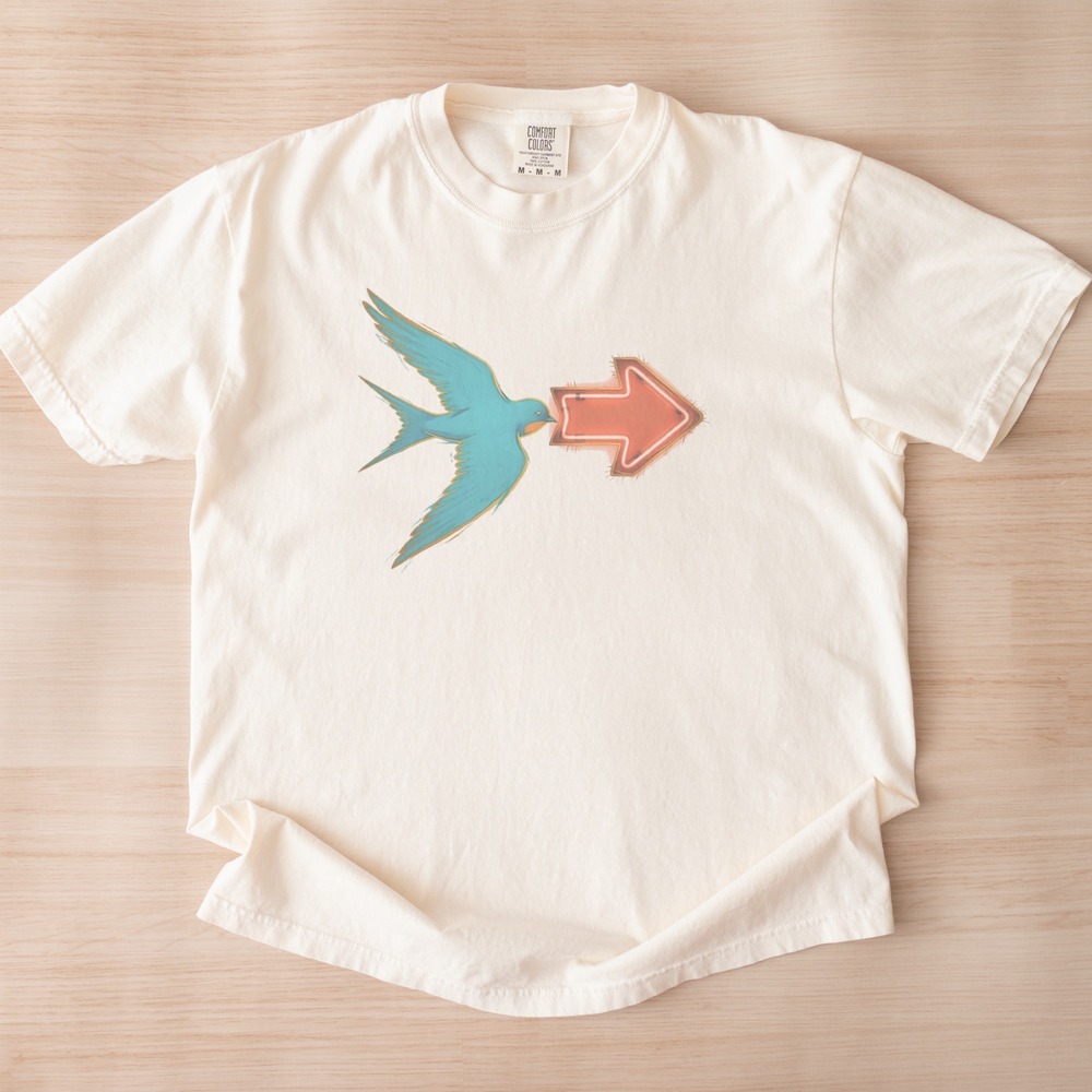 Teal Swallow Carrying a Neon Arrow Sign Tee